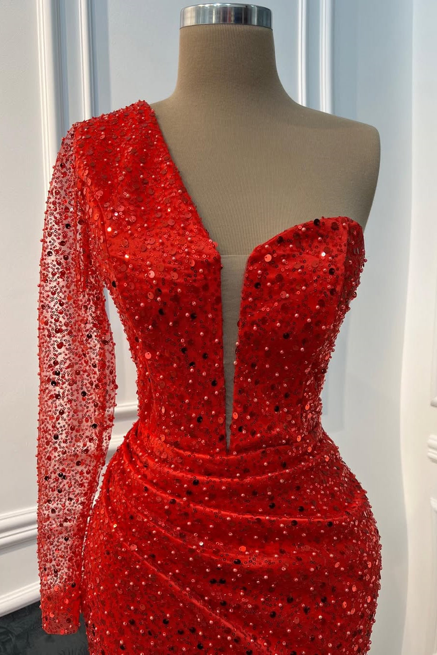 Timeless Red One Shoulder Long Sleeves Sequins Prom Dresses Mermaid Online Secondary image