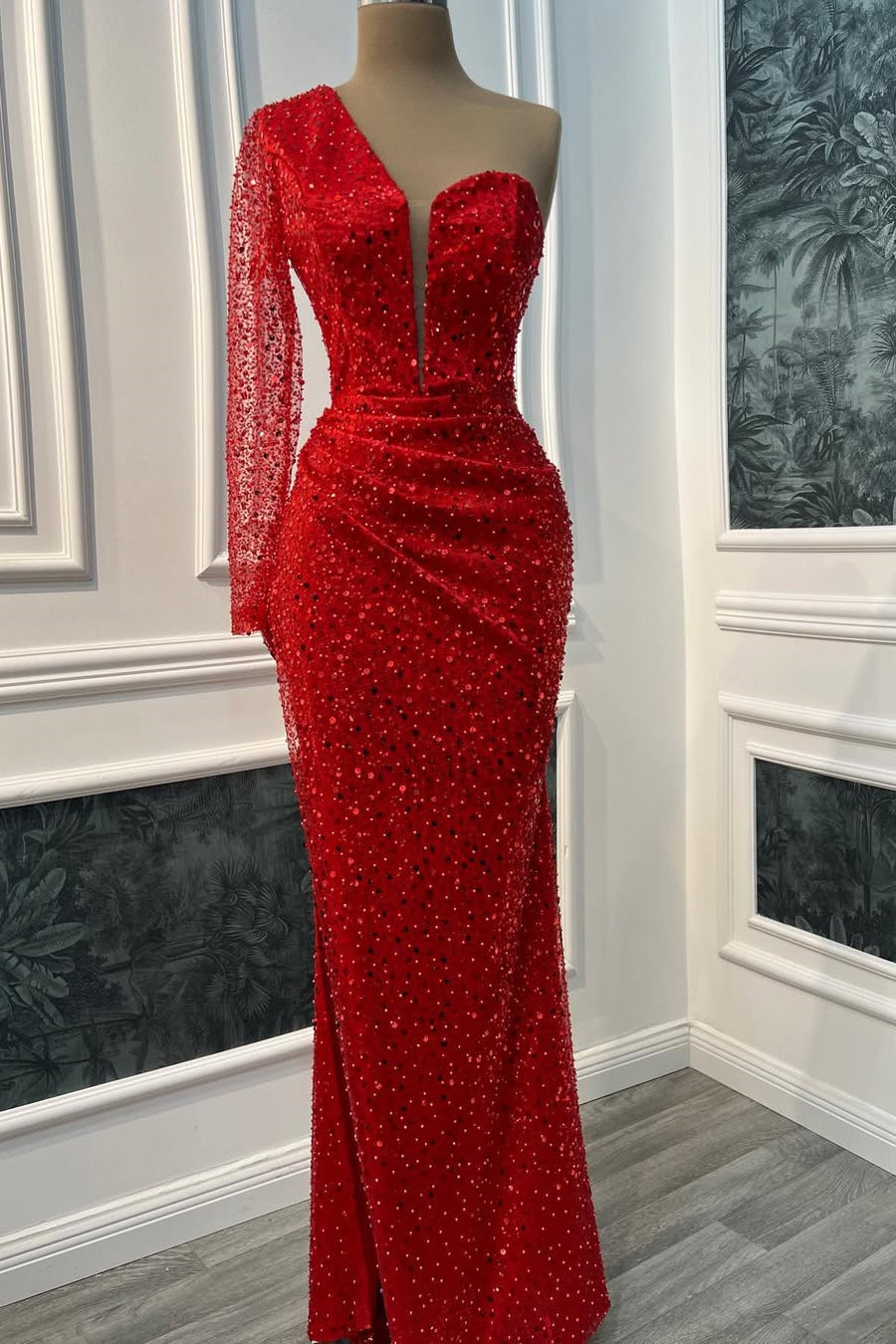 Timeless Red One Shoulder Long Sleeves Sequins Prom Dresses Mermaid Online Main image