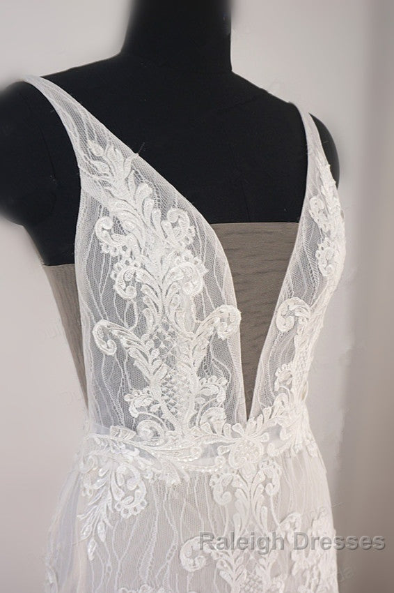 Trendy Ivory Sleeveless Lace Tulle High split A Line Wedding Dresses