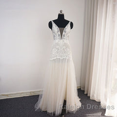Trendy Ivory Sleeveless Lace Tulle High split A line Wedding Dress
