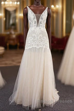 Trendy Ivory Sleeveless Lace Tulle High split A Line Wedding Dresses