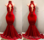 Trendy Mermaid Red Lace High Neck Prom Gowns| Red Prom Gowns