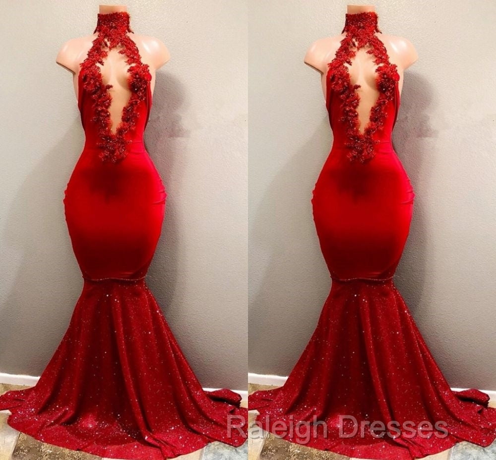 Trendy Mermaid Red Lace High Neck Prom Gowns| Red Prom Gowns