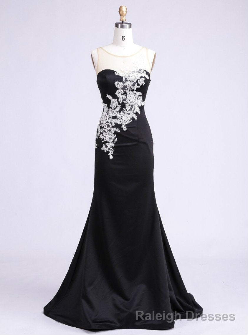 Trendy Scoop Floor Length See Through Back Appliques Party Polyester Formal Black Main image