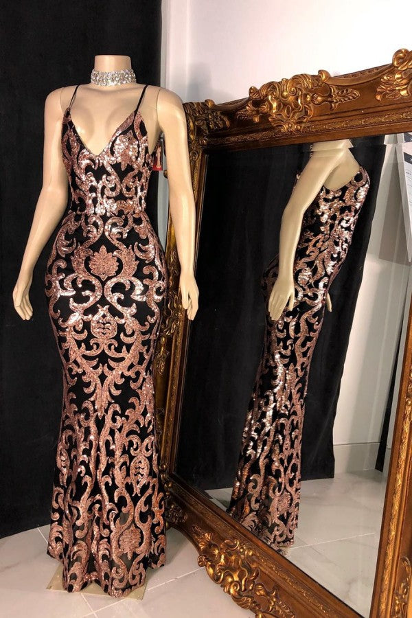 Trendy Sequins Appliques V-Neck Spaghetti Long Mermaid Prom Gowns