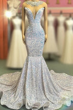 Trumpet Mermaid Beading Sequin White Prom Dresses