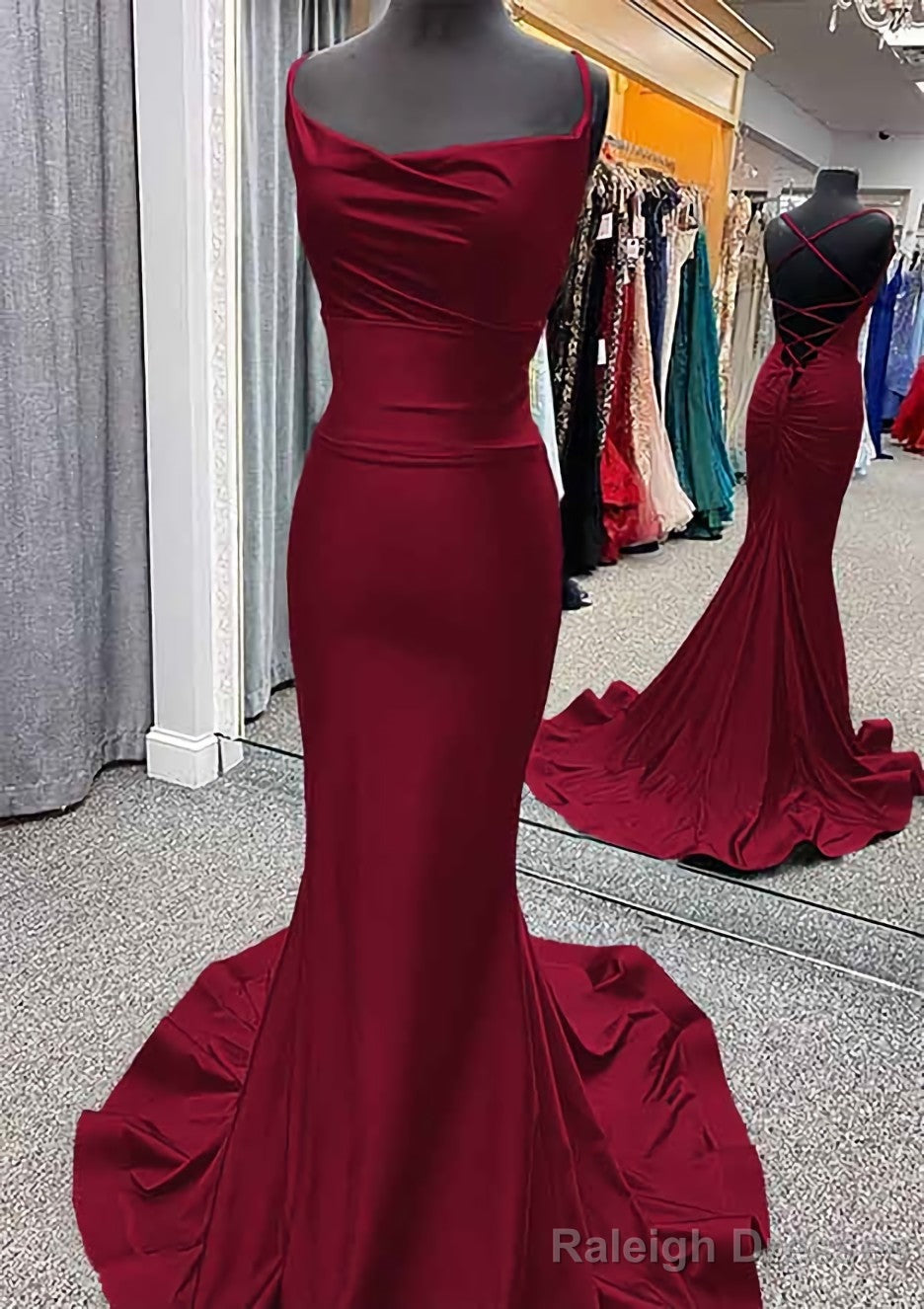 Trumpet/Mermaid Cowl Neck Spaghetti Straps Sweep Train Jersey Prom Dresses With Pleated