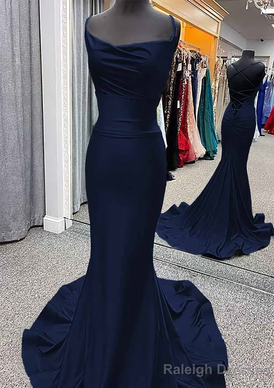 Trumpet/Mermaid Cowl Neck Spaghetti Straps Sweep Train Jersey Prom Dresses With Pleated
