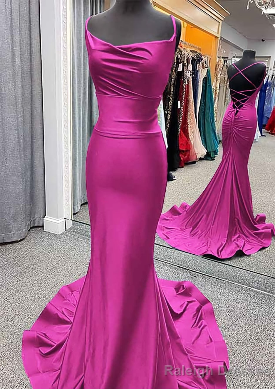 Trumpet/Mermaid Cowl Neck Spaghetti Straps Sweep Train Jersey Prom Dresses With Pleated