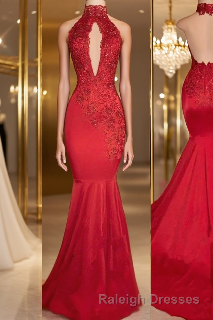 Trumpet/Mermaid Halter Sweep Train Charmeuse Prom Dresses With Appliques Lace Main image