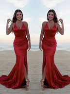 Trumpet/Mermaid Halter Sweep Train Silk like Satin Prom Dresses With Leg Slit
