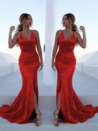 Trumpet/Mermaid Halter Sweep Train Silk like Satin Prom Dresses With Leg Slit