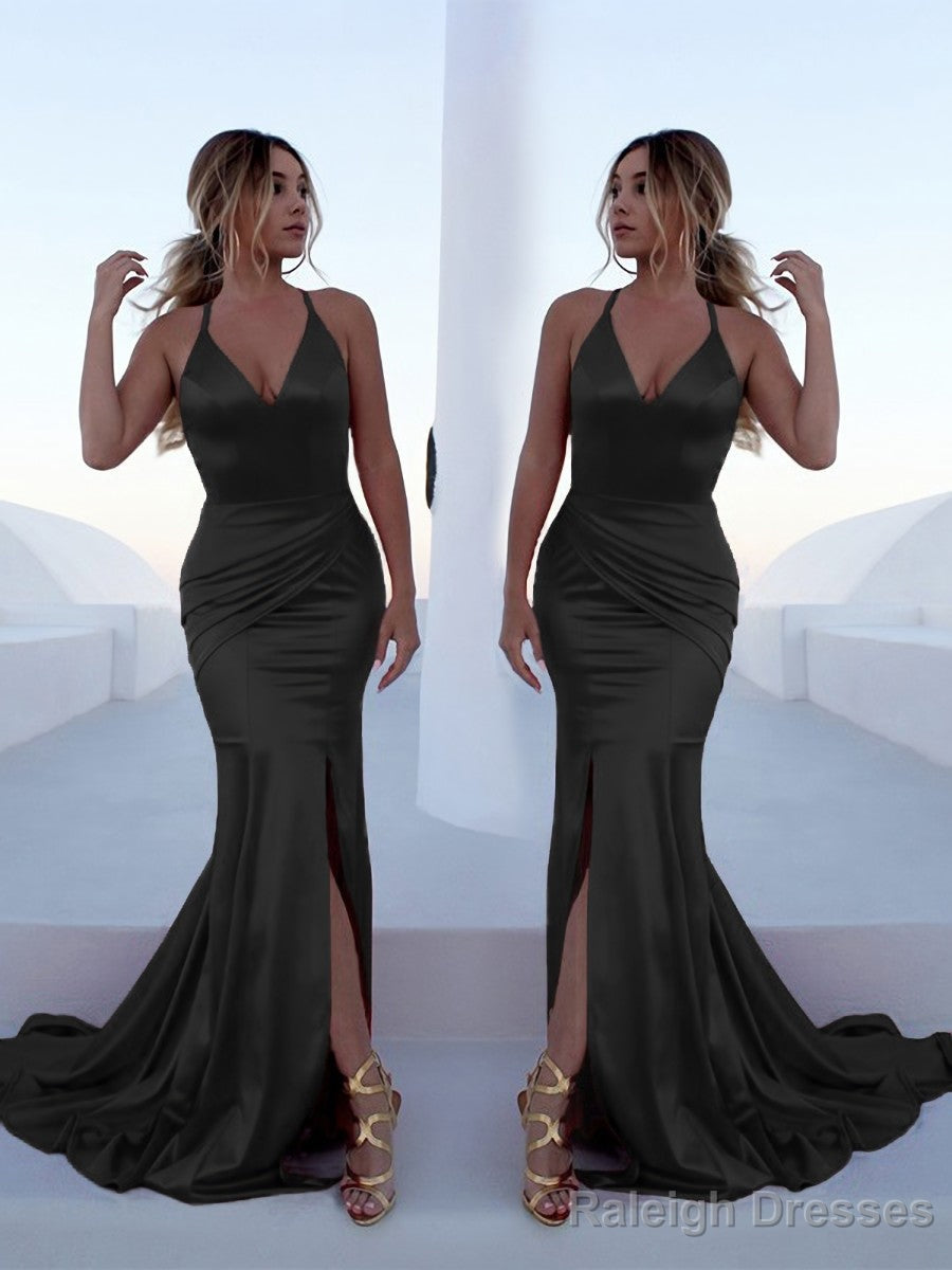 Trumpet/Mermaid Halter Sweep Train Silk like Satin Prom Dress With Leg Slit Secondary image