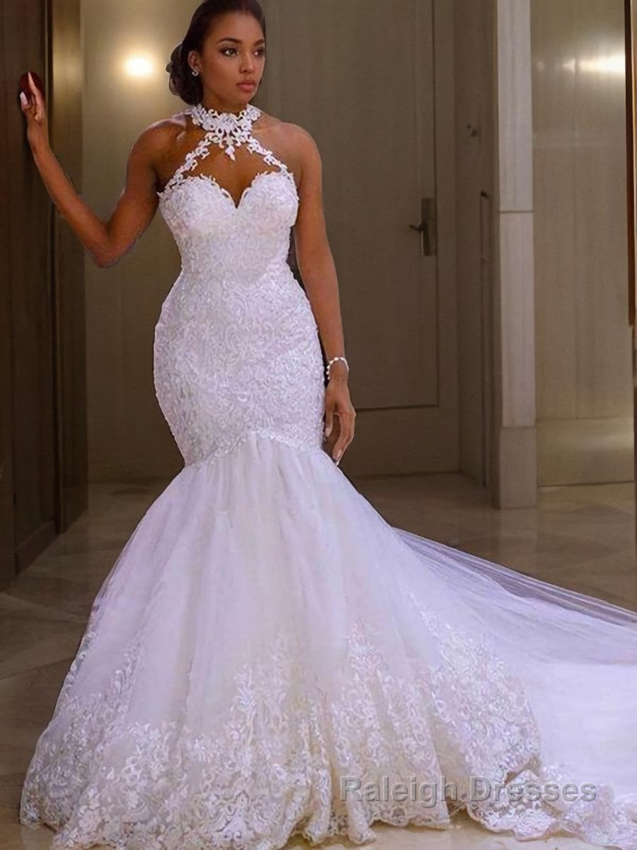 Trumpet/Mermaid Halter Sweep Train Tulle Wedding Dresses With Appliques Lace Main image