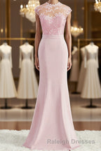 Trumpet/Mermaid High Neck Floor Length Stretch Crepe Bridesmaid Dress with Appliques Lace