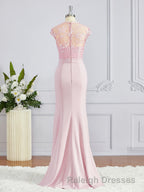 Trumpet/Mermaid High Neck Floor Length Stretch Crepe Bridesmaid Dress with Appliques Lace