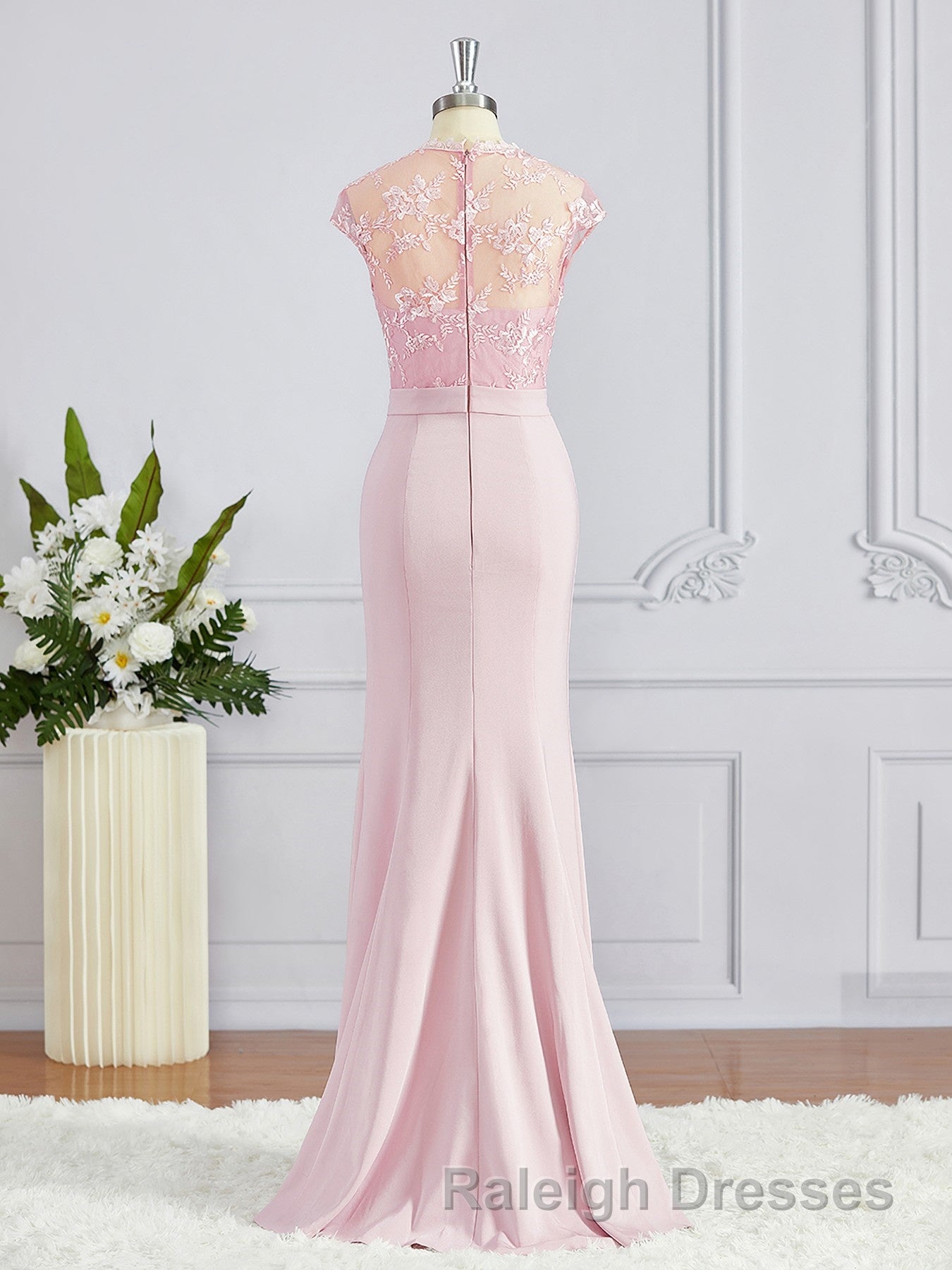 Trumpet/Mermaid High Neck Floor Length Stretch Crepe Bridesmaid Dress with Appliques Lace