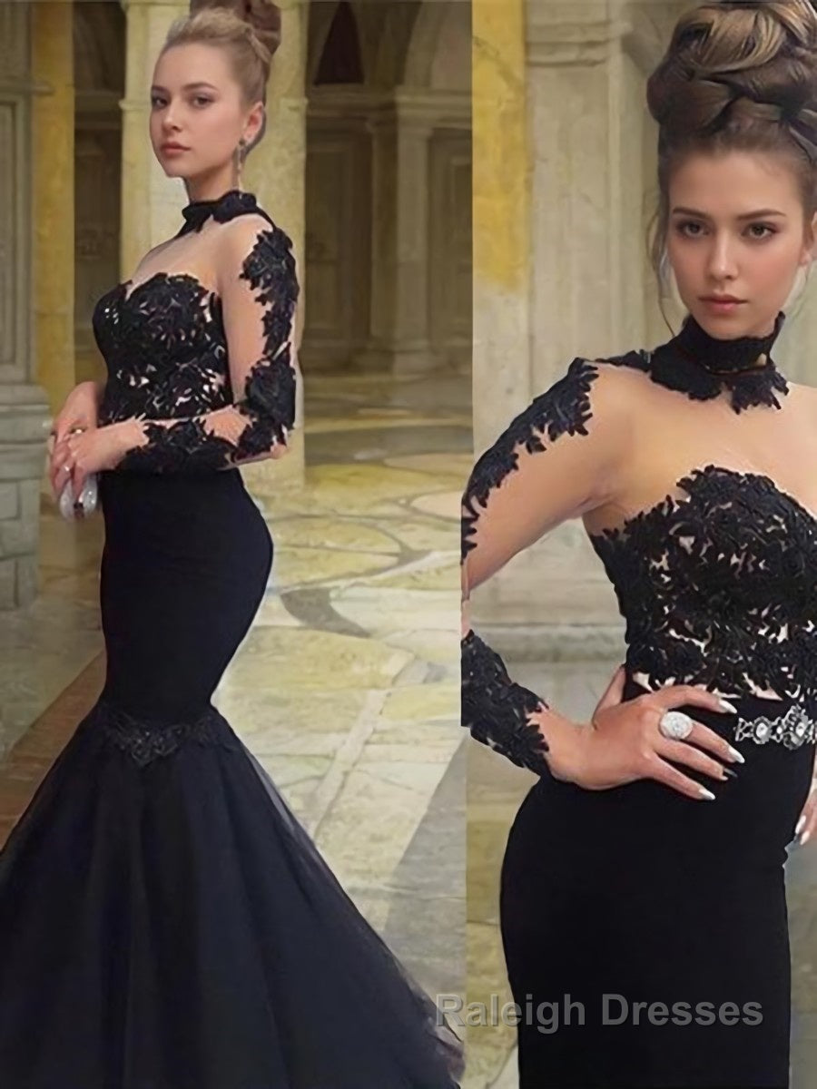 Trumpet/Mermaid High Neck Floor-Length Tulle Prom Dresses With Appliques Lace Main image