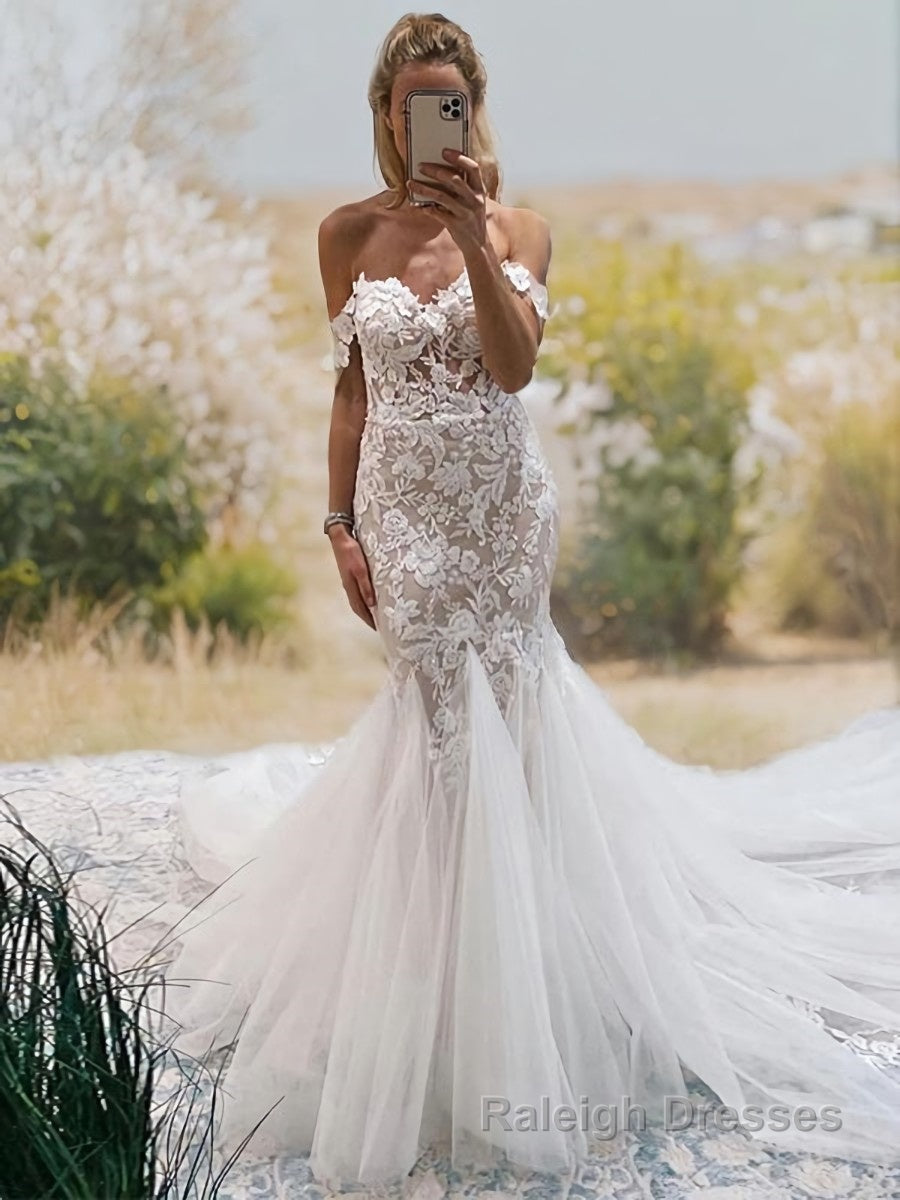 Trumpet/Mermaid Off-the-Shoulder Cathedral Train Tulle Wedding Dresses With Appliques Lace Main image