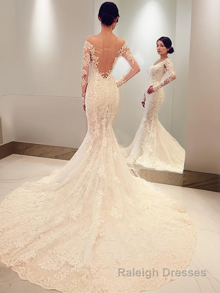 Trumpet/Mermaid Off-the-Shoulder Chapel Train Lace Wedding Dresses With Appliques Lace Secondary image