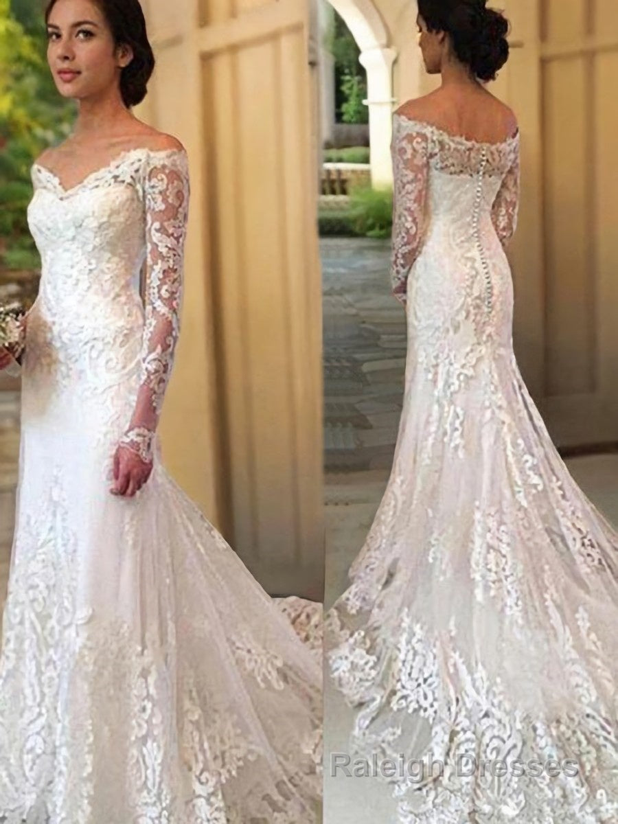 Trumpet/Mermaid Off-the-Shoulder Court Train Lace Wedding Dresses With Appliques Lace Main image