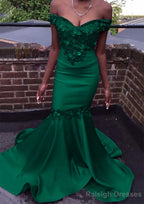 Trumpet/Mermaid Off-the-Shoulder Court Train Satin Prom Dresses With Beading Flowers