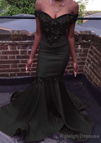 Trumpet/Mermaid Off-the-Shoulder Court Train Satin Prom Dress With Beading Flowers