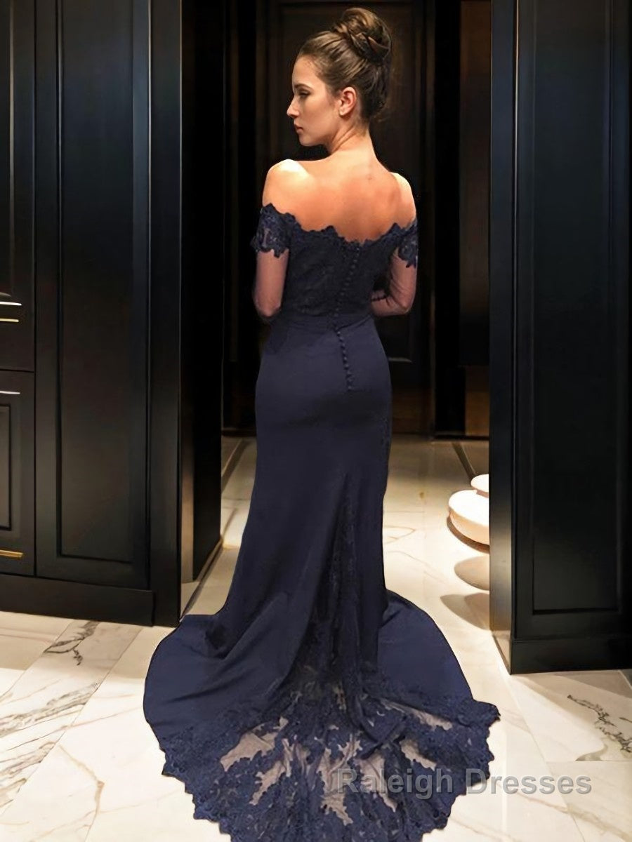 Trumpet/Mermaid Off-the-Shoulder Court Train Stretch Crepe Prom Dresses With Lace Secondary image