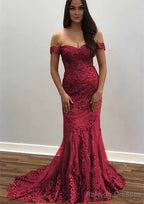 Trumpet/Mermaid Off-the-Shoulder Court Train Tulle Prom Dress With Lace Appliqued
