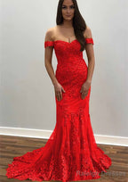 Trumpet/Mermaid Off-the-Shoulder Court Train Tulle Prom Dresses With Lace Appliqued