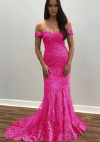 Trumpet/Mermaid Off-the-Shoulder Court Train Tulle Prom Dress With Lace Appliqued
