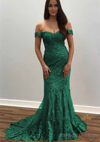 Trumpet/Mermaid Off-the-Shoulder Court Train Tulle Prom Dresses With Lace Appliqued