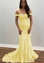 Trumpet/Mermaid Off-the-Shoulder Court Train Tulle Prom Dresses With Lace Appliqued