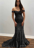 Trumpet/Mermaid Off-the-Shoulder Court Train Tulle Prom Dresses With Lace Appliqued