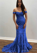 Trumpet/Mermaid Off-the-Shoulder Court Train Tulle Prom Dresses With Lace Appliqued