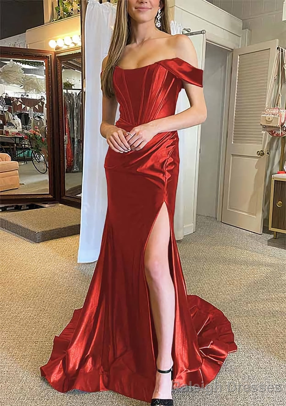 Trumpet/Mermaid Off-the-Shoulder Regular Straps Court Train Silk like Satin Prom Dresses With Pleated Split