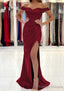 Trumpet/Mermaid Off-the-Shoulder Short Sleeve Long Dress Floor Length Satin Prom Dress With Pleated Split