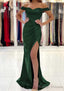 Trumpet/Mermaid Off-the-Shoulder Short Sleeve Long Dress Floor Length Satin Prom Dress With Pleated Split