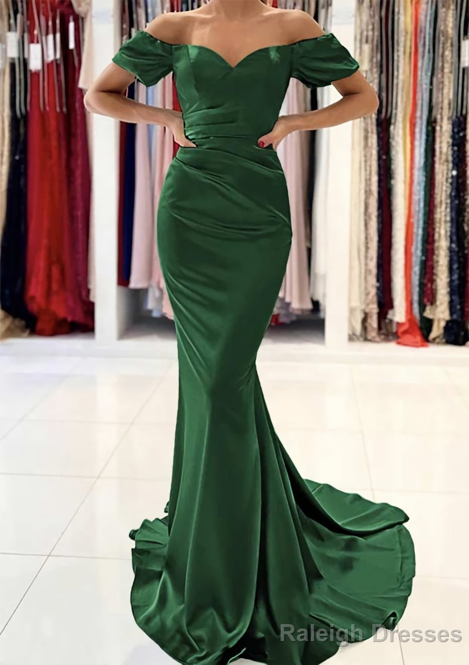 Trumpet/Mermaid Off-the-Shoulder Short Sleeve Satin Sweep Train Prom Dresses With Pleated