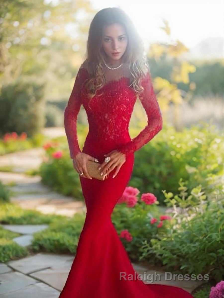 Trumpet/Mermaid Off-the-Shoulder Sweep Train Elastic Woven Satin Prom Dresses With Appliques Lace Main image