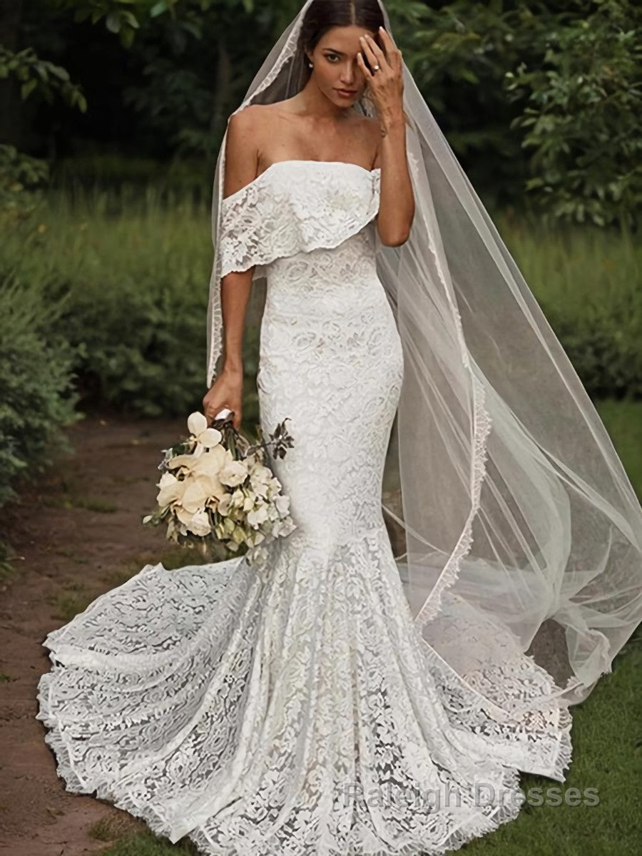 Trumpet/Mermaid Off-the-Shoulder Sweep Train Lace Wedding Dresses Main image