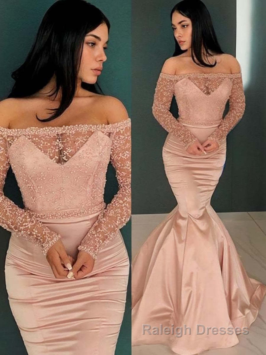 Trumpet/Mermaid Off-the-Shoulder Sweep Train Satin Prom Dresses Main image