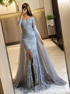 Trumpet/Mermaid Off-the-Shoulder Sweep Train Tulle Prom Dresses With Leg Slit