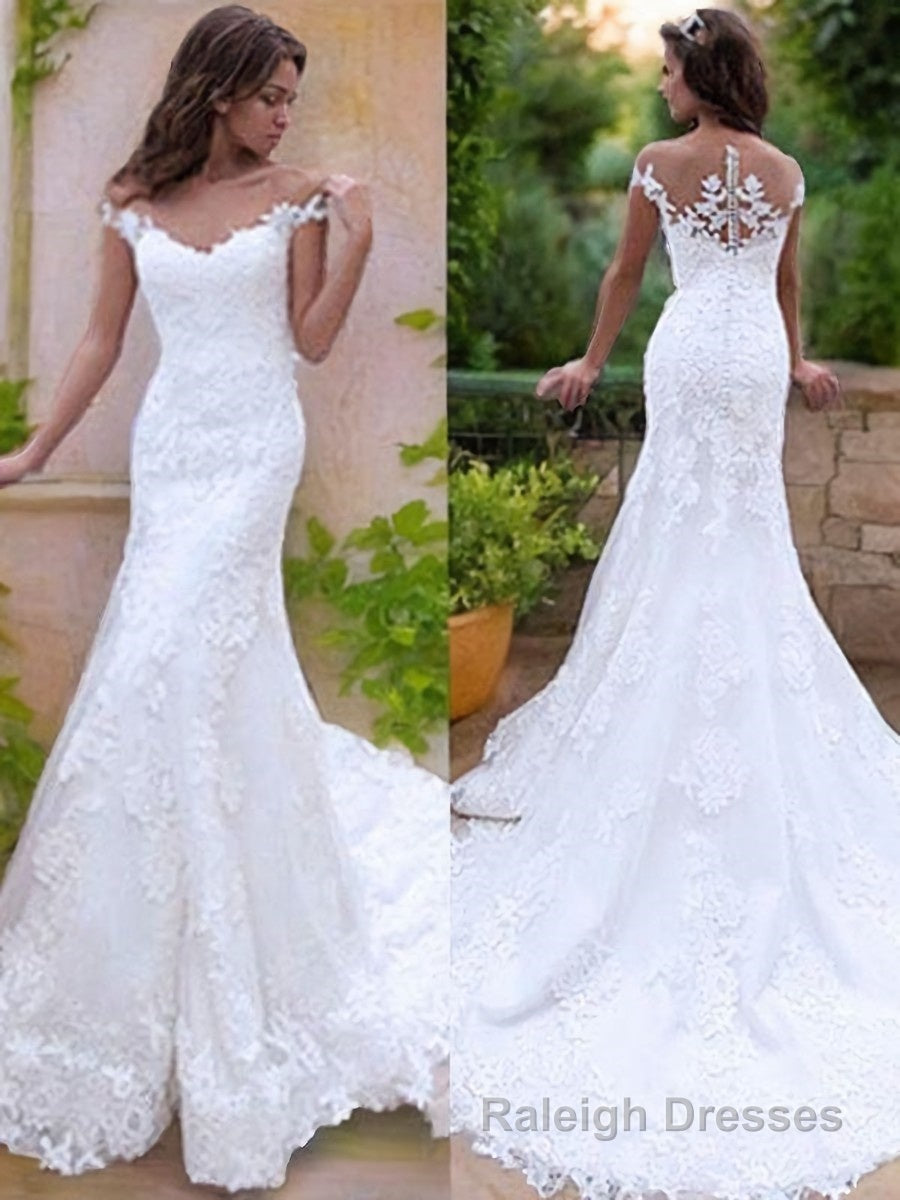 Trumpet/Mermaid Off-the-Shoulder Sweep Train Tulle Wedding Dresses Main image
