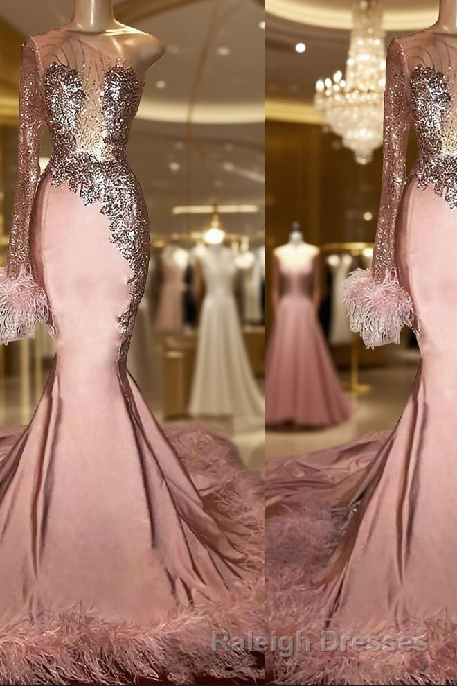 Trumpet/Mermaid One-Shoulder Chapel Train Elastic Woven Satin Evening Dresses With Feather Main image