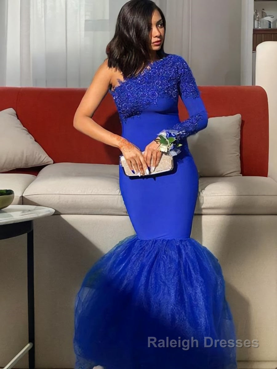 Trumpet/Mermaid One-Shoulder Sweep Train Stretch Crepe Prom Dresses With Appliques Lace Main image