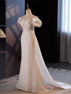 Trumpet Mermaid Puffy Sleeves  Wedding Dress With Detachable Train