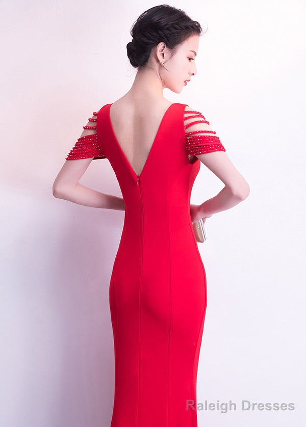 Trumpet/Mermaid Satin Floor-Length Short Sleeves Prom Dress