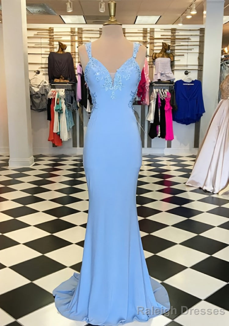 Trumpet/Mermaid Scalloped Neck Sleeveless Sweep Train Elastic Satin Prom Dresses With Appliqued