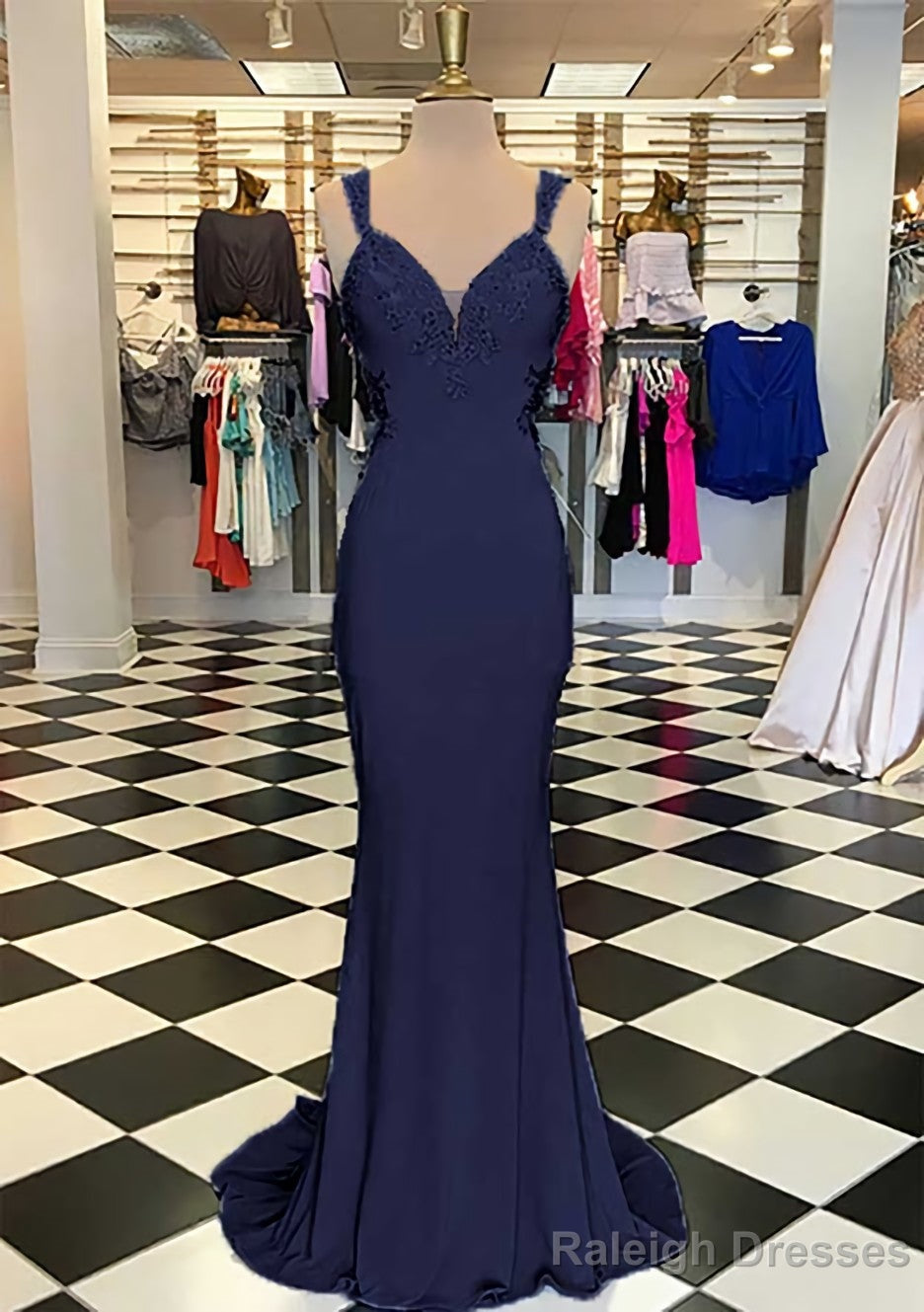 Trumpet/Mermaid Scalloped Neck Sleeveless Sweep Train Elastic Satin Prom Dress With Appliqued Secondary image